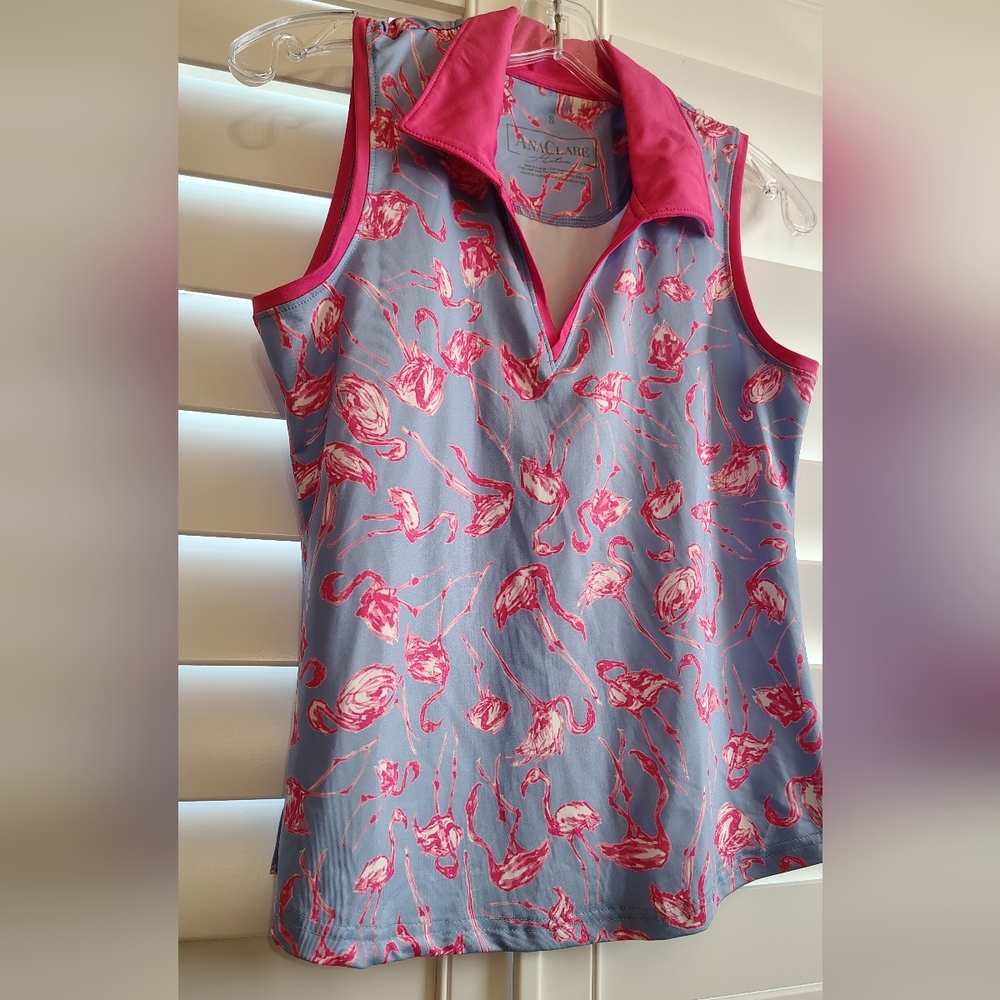 NEW Ana Clare Sleeveless Polo Top Women's Sz S Hot Pink 🦩 Flamingos $59 - Picture 3 of 6